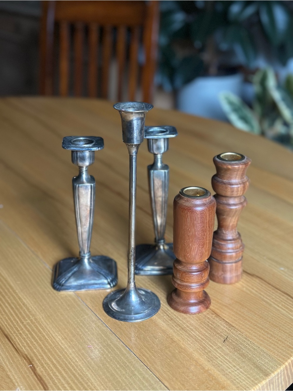 Mixed Metal and Wood Candlestick Set - Silver & Brown